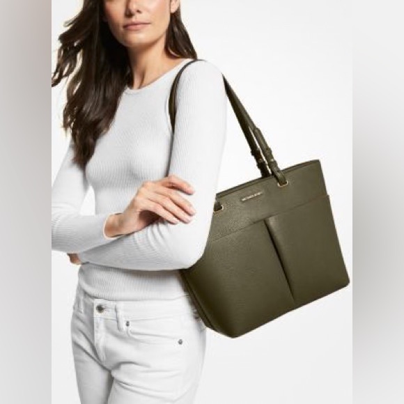 Michael Kors Bedford Medium Faux Leather Tote Bag Top Zip in Olive Green - Picture 4 of 16